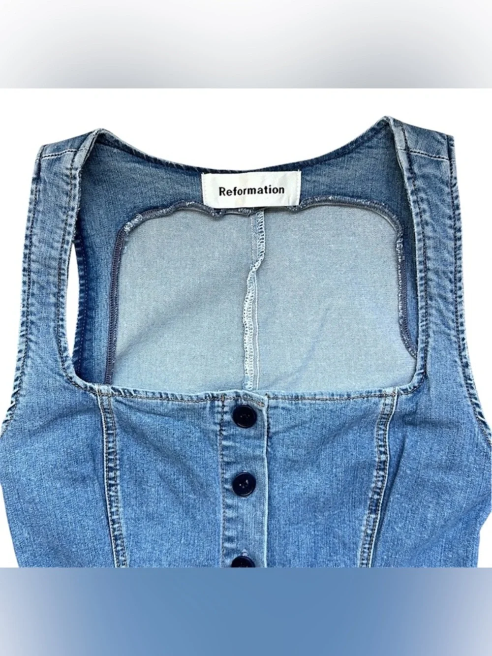 REFORMATION Lars Denim Dress Mini Short Raw Cut Hem Button Up Adriatic Blue 0 XS - Picture 6 of 15